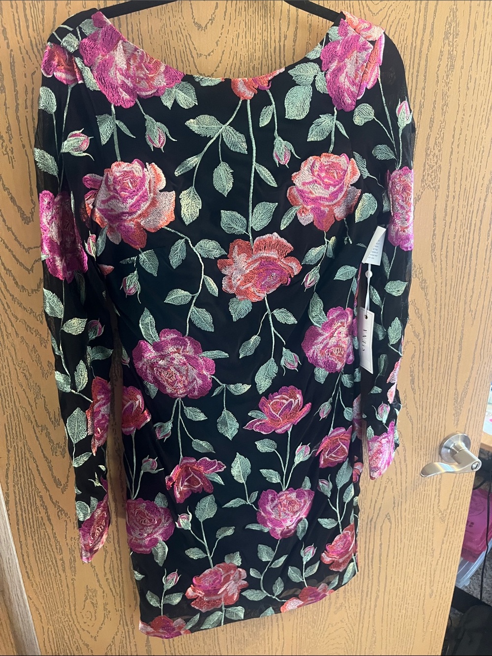 Siena Studio Black Midi Dress with Pink Rose Embroidery